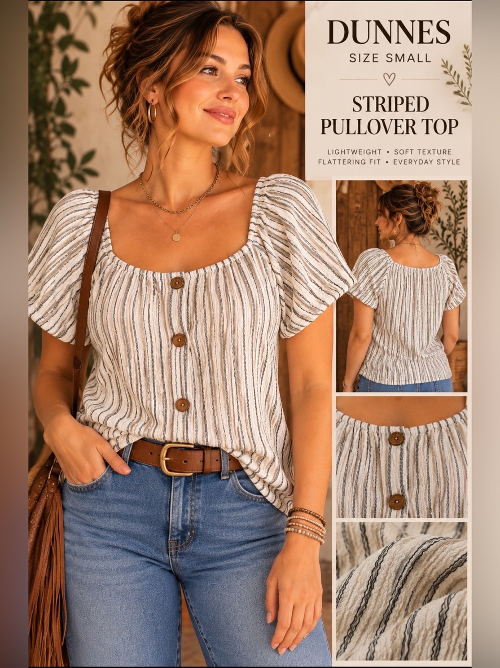 Dunnes- white & Black Striped - Puff-Sleeve - crinkle textured top - small